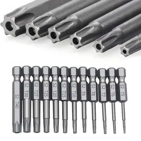 Magnetic Torx Head Screwdriver Bit Set, S2 Steel Long Drill Bits with 1/4 Inch Hex Shank and Security Torx Bits, Replaceable Screwdriver Bits, Screwdriver Components