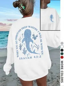 Women's Sporty Letter & Whale Shark Print Top, Fall Casual Ribbed Long Sleeve Round Neck Pullover, Fashion Daily Wear, Autumn Women's Clothing