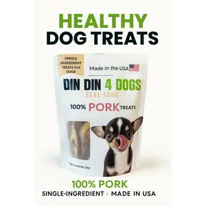 Din Din 4 Dogs Healthy Dog Treats 100% Pork 5 Ounce Bag Single Ingredient High Protein Made in USA Natural Training Rewards