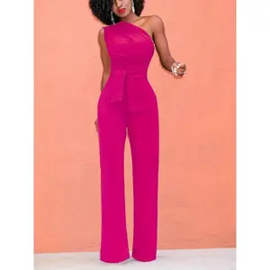 Solid Sleeveless Slanted Shoulder Tie Waist Jumpsuit, Pockets Wide Leg Elegant Jumpsuit, Women's Clothing Pink Fabric Overalls Satin Chic Modern Womenswear Collar