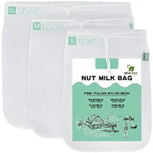 Nut Milk Bag Reusable 3 Pack Food Strainer Nut Bags for Straining Almond/Soy Milk Greek Yogurt Professional for Cold Brew Coffee Tea Beer Celery Juice Fine Nylon Mesh(8"x12"/10"x12"/13"x13")