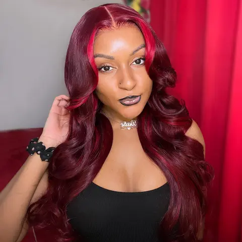 Arabella Glueless Human Hair Lace Part Wig, 6x5 Pre-Cut 99J# Lace Closure, Wavy Human Hair Wig with Burgundy Red Velvet Balayage Wine Multi-Color Highlights, Loose Body Wave