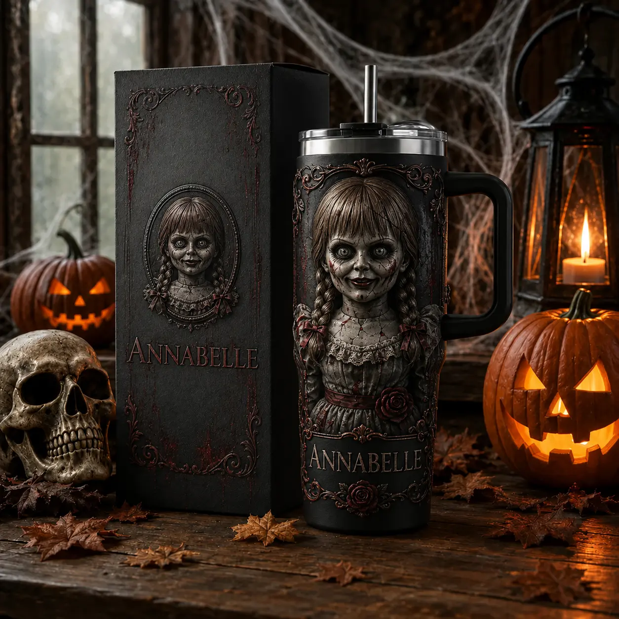 Annabelle Horror Doll Halloween 40oz Tumbler with Handle & Straw, Stainless Steel Double Wall Insulated Travel Mug, Creepy Gothic Horror Drinkware, Halloween Collector Cup, Horror Movie Fan Gift