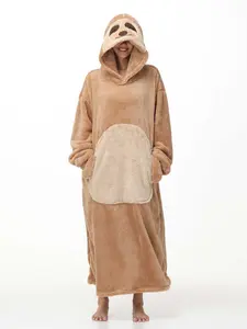 Autumn Winter Fleece Thick Hooded Sleepwear Robe for Women, Large Plush Cartoon Cute Homeewear, Lazy Unisex Couple Blanket Coat