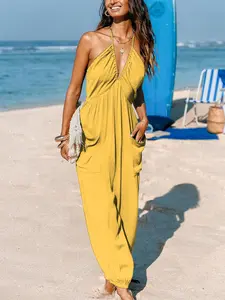 Women's Minimalist V-Neck Sleeveless Halter Backless Wide-Leg Elegant Jumpsuit - Adjustable Strap, Breathable, Flowing, Fashionable, Below-Ankle Loose Pants, Beach Vacation Clothes, Basic Womenswear #TikTokShopStockUp