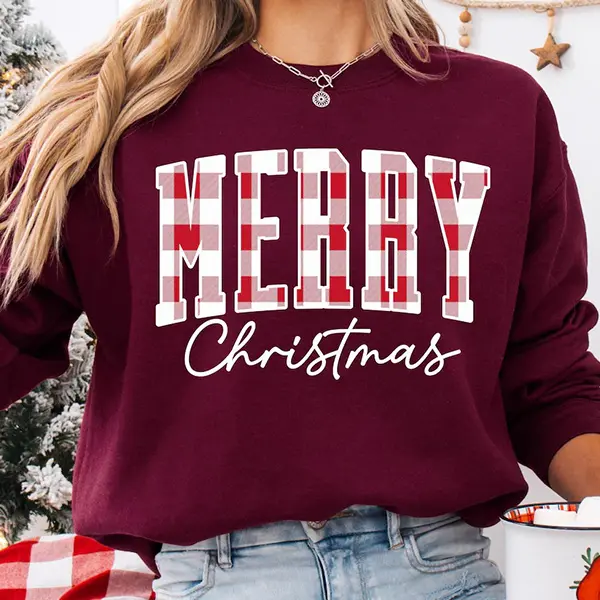Merry Christmas Sweatshirt, Merry Christmas Buffalo Plaid Sweatshirt, Cute Christmas Sweater for Women, Cozy Winter Outfit, Family Xmas Gift