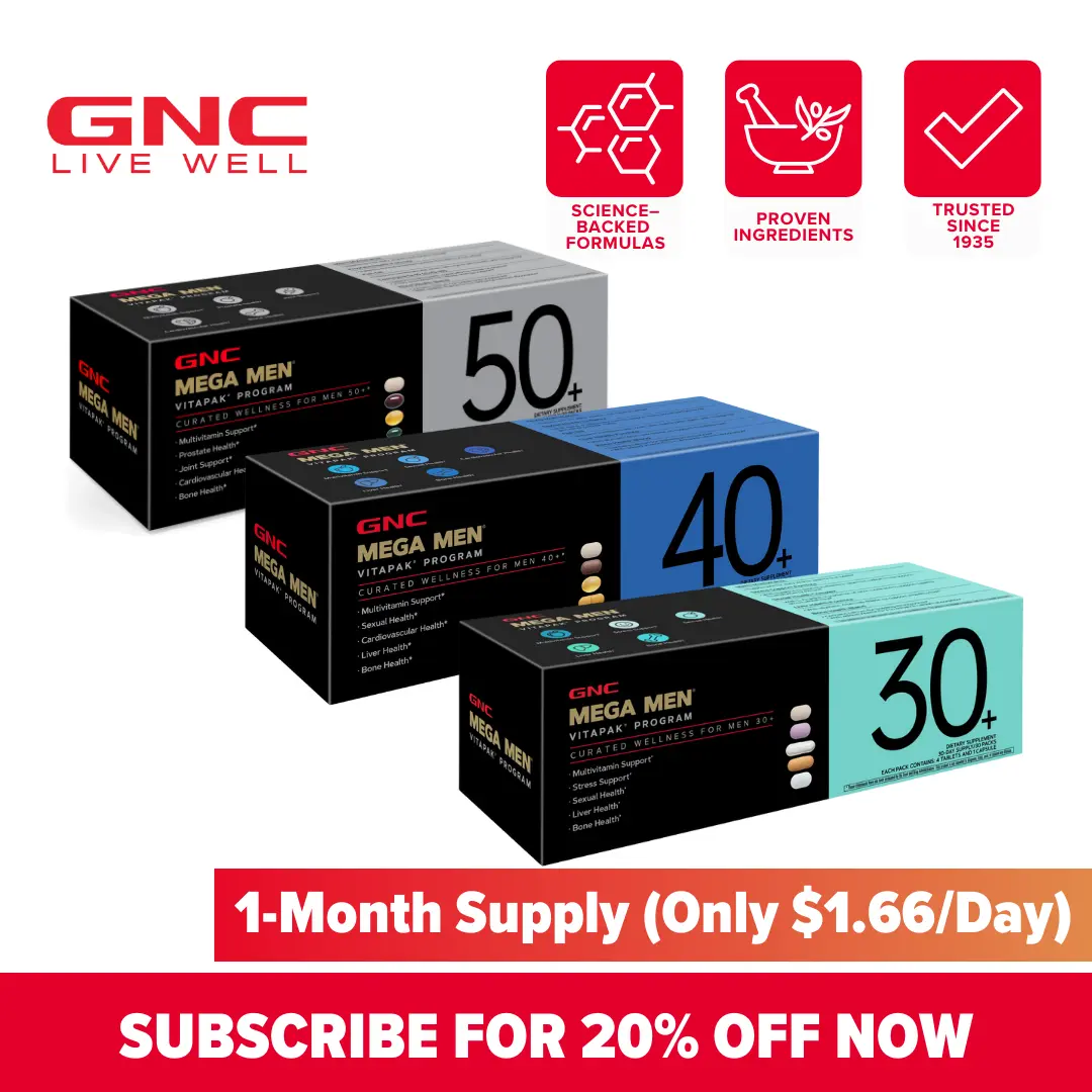 GNC Age-Based Vitapaks Program for Men - 30+/40+/50+ Daily Dietary Supplement Packs with Multivitamin, Minerals, Stress Support, Skin Health, Bone Health, Pumpkin Seeds, L-Arginine for Fitness & Wellness