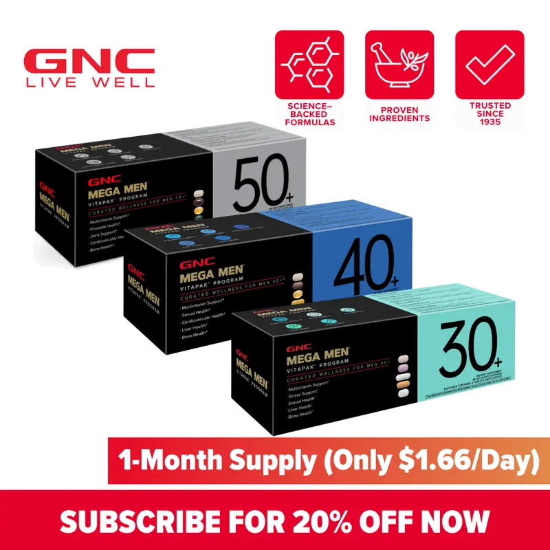 GNC Age-Based Vitapaks Program for Men - 30+/40+/50+ Daily Dietary Supplement Packs with Multivitamin, Minerals, Stress Support, Skin Health, Bone Health, Pumpkin Seeds, L-Arginine for Fitness & Wellness