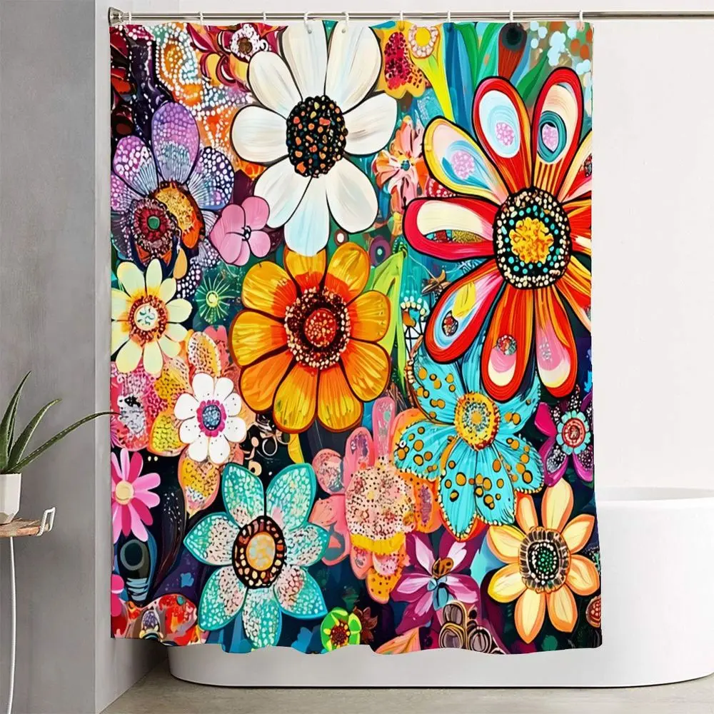 1/4pcs Boho Floral Bathroom Decor Set, Shower Curtain Sets - Folk-Art Shower Curtain with Sunflower & Daisy Blooms, Matching Bath Mats, Toilet Lid Cover, Perfect for Spring & Summer, Adds Color to Your Bathroom, Bathroom Decoration Accessories