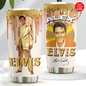 Personalized Elvis Presley Gold Classic 20oz Tumbler, Vintage King of Rock and Roll Stainless Steel Travel Mug