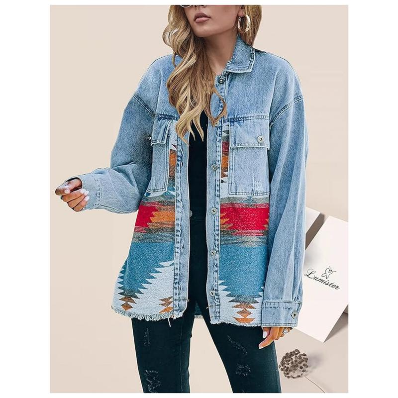 Women'S Vintage Western Jeans Jacket - Long Sleeve Button-front coat with, Non-Symmetric Patchwork design in Blue/Red/Beige/Black/White/Gray/, Mid-Length Transitional Jacket for Spring/Fall Casual Formal Outfits - Retro Western Style Outerwear, Denim Jack