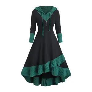 Plus Size, Plus Size Women's Ribbed Color Block Patchwork Front Zipper Long Sleeve Casual Hooded Dress with Ruffle Hem, Mid-Length