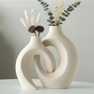 Hollow Ceramic Vase Set of 2, Modern Nordic Minimalist Book Style Boho Aesthetic Vases for Home Decor Living Room Shelf Entryway Coffee Centerpiece Table Decorative (Cream White)