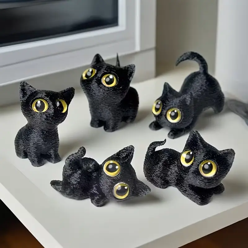 Five-Piece Mini Statue Set, Cute Figurines, 3D Printed Cute Cat with Realistic Eyes, Office Desk & Living Room Decor, Kawaii Display Decor, Festive Holiday Gifts