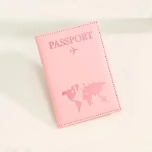 Matte Travel Passport Cover with World Map & Letter Print, Fixed Design, Pink Pouch for Men and Women, Ideal for Holiday and Back to School Travel