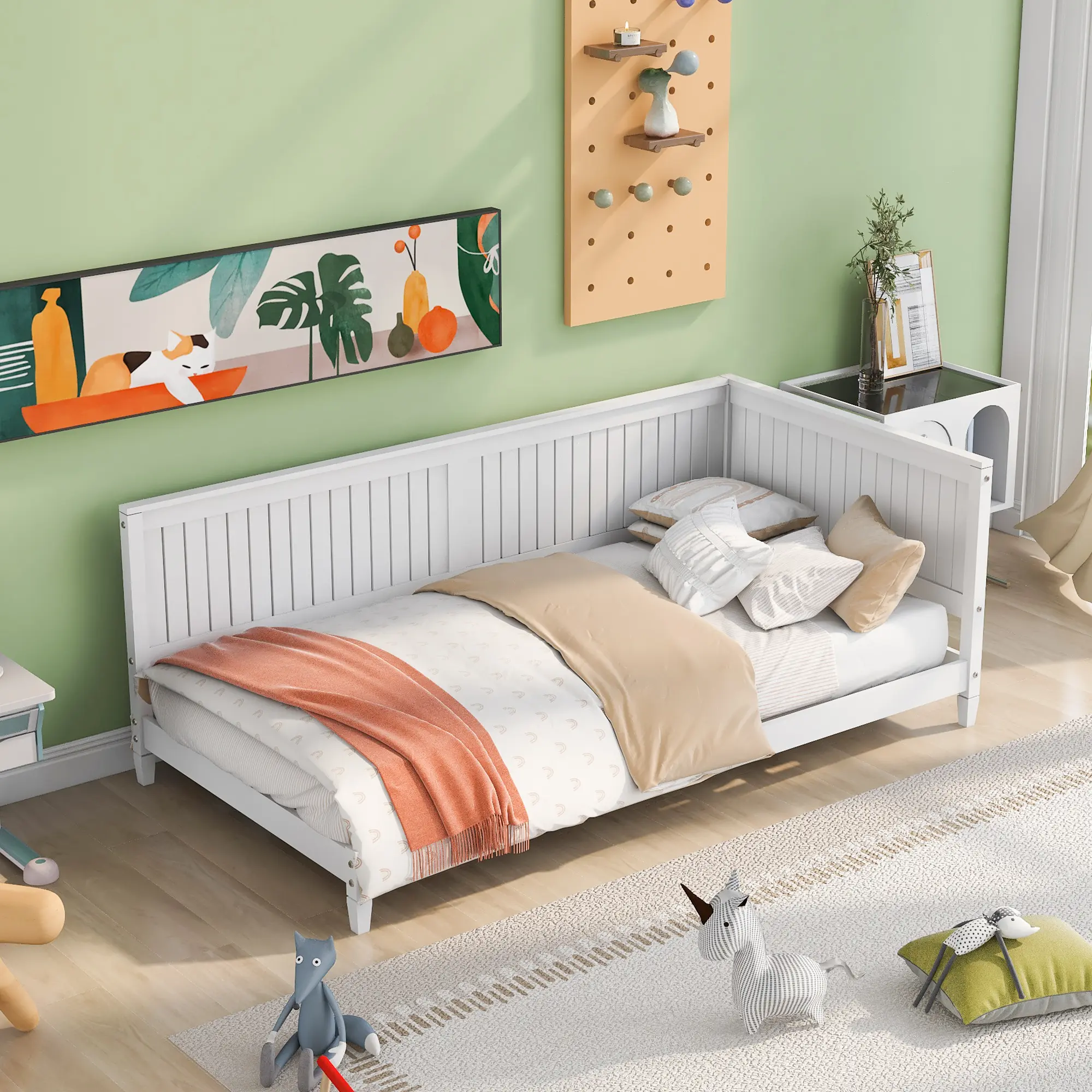 Mid-Century Modern Classic Simple White Hardware Twin Size Wood Daybed-Sofa Bed with Pull Out Bed & Slats Kit, 79.8"l x 41.9"w x 30.7"h, Assembly Required