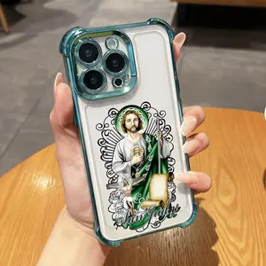 San Judas Pattern Phone Case,Electroplated Cover with Airbag Shockproof Slim Soft TPU Cover for iPhone X 11 12 13 14 15 16 17 Pro Max Plus Air St Jude