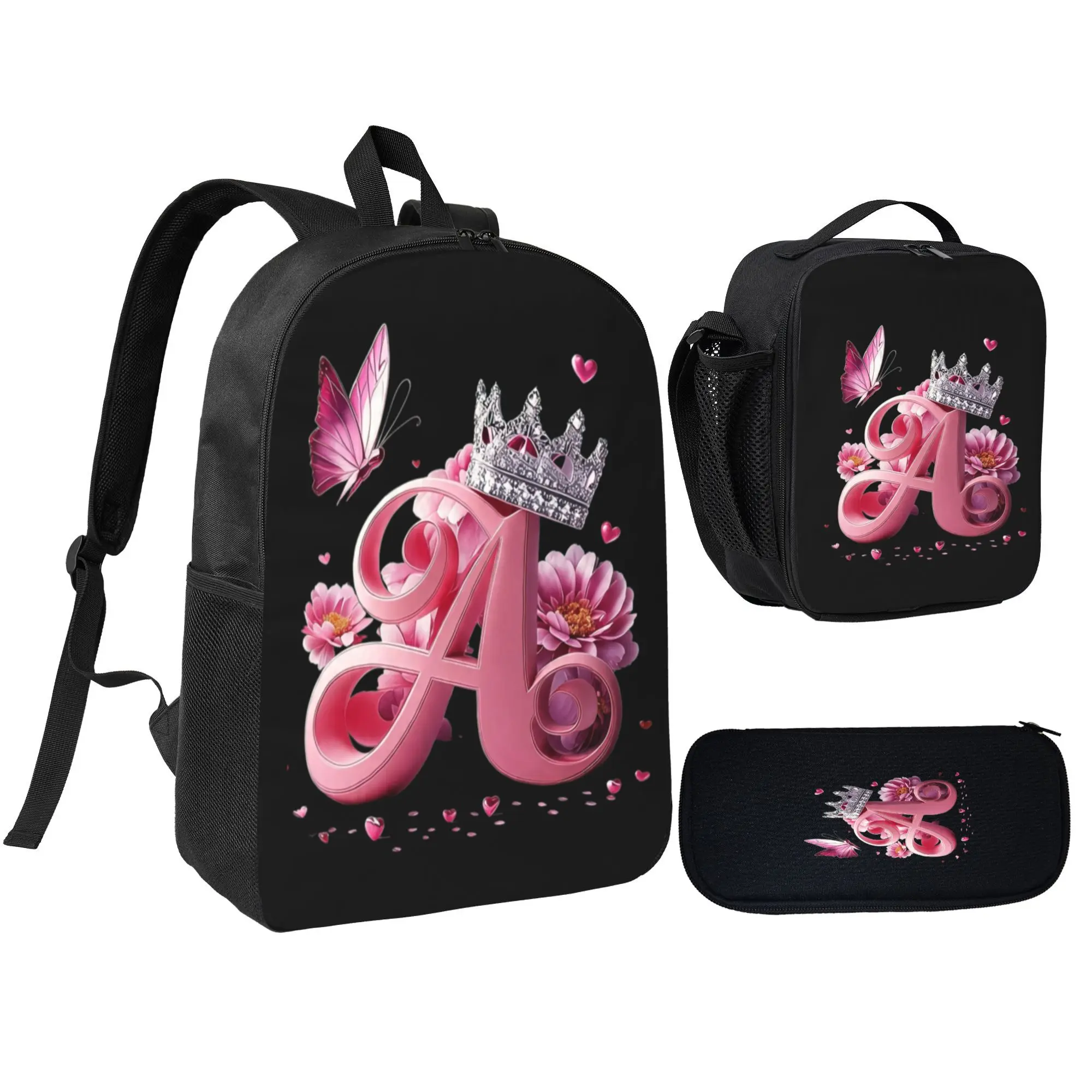 Universal 3 In 1 Luxury Pink Silver Crown Butterfly Floral Initial Letter A Backpack Set For Elementary Middle School Teen Girls Whose First Name Starts With A, Lightweight Water Resistant Polyester Princess Custom Initial School Backpack