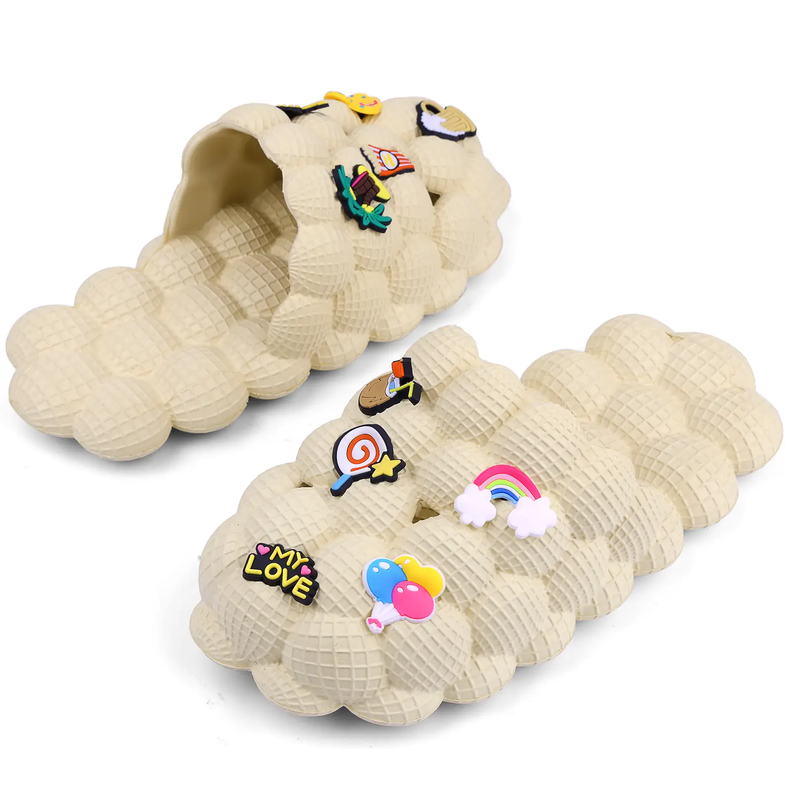 Kids Bubble Slides with Charms Boys Girls Funny Lychee Bubble Slippers Soft Massage Golf Ball Shoes Non-Slip House Slippers for Shower Bedroom Beach P