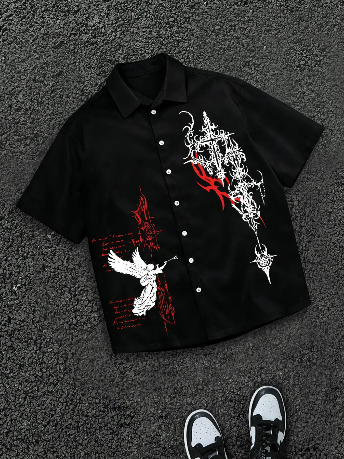 Men's Casual Loose Black Button Up Aesthetic Shirt Cyber Goth Angel Cross Graphic Print, Harajuku Streetwear Opium Style Short Sleeve Top for Summer Party Outfits, Casual Button Collared
