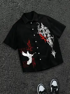 Men's Casual Loose Black Button Up Shirt Cyber Goth Angel Cross Graphic Print, Harajuku Streetwear Opium Style Short Sleeve Top for Summer Party Outfits