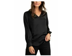 TRINA TURK Womens Black Pleated Cuffed V Neck Top Size S Womenswear Blouses