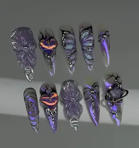 Ethereal Purple Chrome Nails – 3D Press On Set with Sculpted Hearts, Butterflies, Bows & Galaxy Swirls in Holographic Lavender and Silver Tones