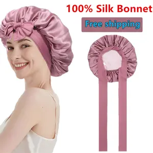 100% Mulberry Silk Bonnet for Sleeping Women Double Layer Hair Bonnet Natural Silk Sleep Cap with Elastic Tie Band Reversible Hair Bonnets for Hair Nightcap Gifts for Female