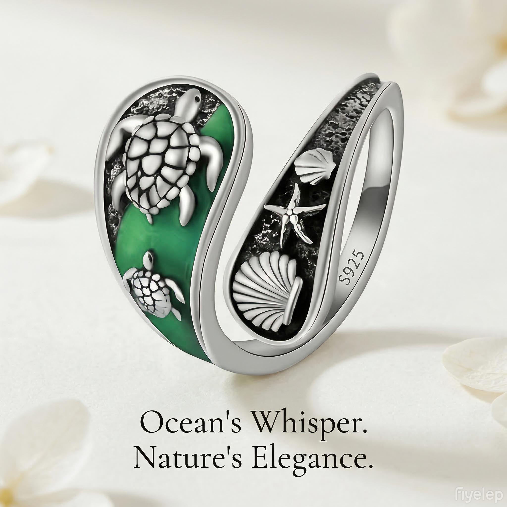 【HXS】925 Sterling Silver Sea Turtle Adjustable Ring with Green Enamel Beach Shell Starfish Ocean Jewelry Gift