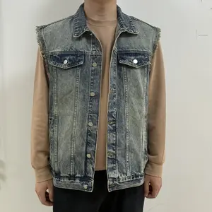 WIRDATRD Vintage Men's Sleeveless Denim Vest with Frayed Edges Faux Chest Pocket Layering Outfit for Hoodies Menswear Streetwear Cloth