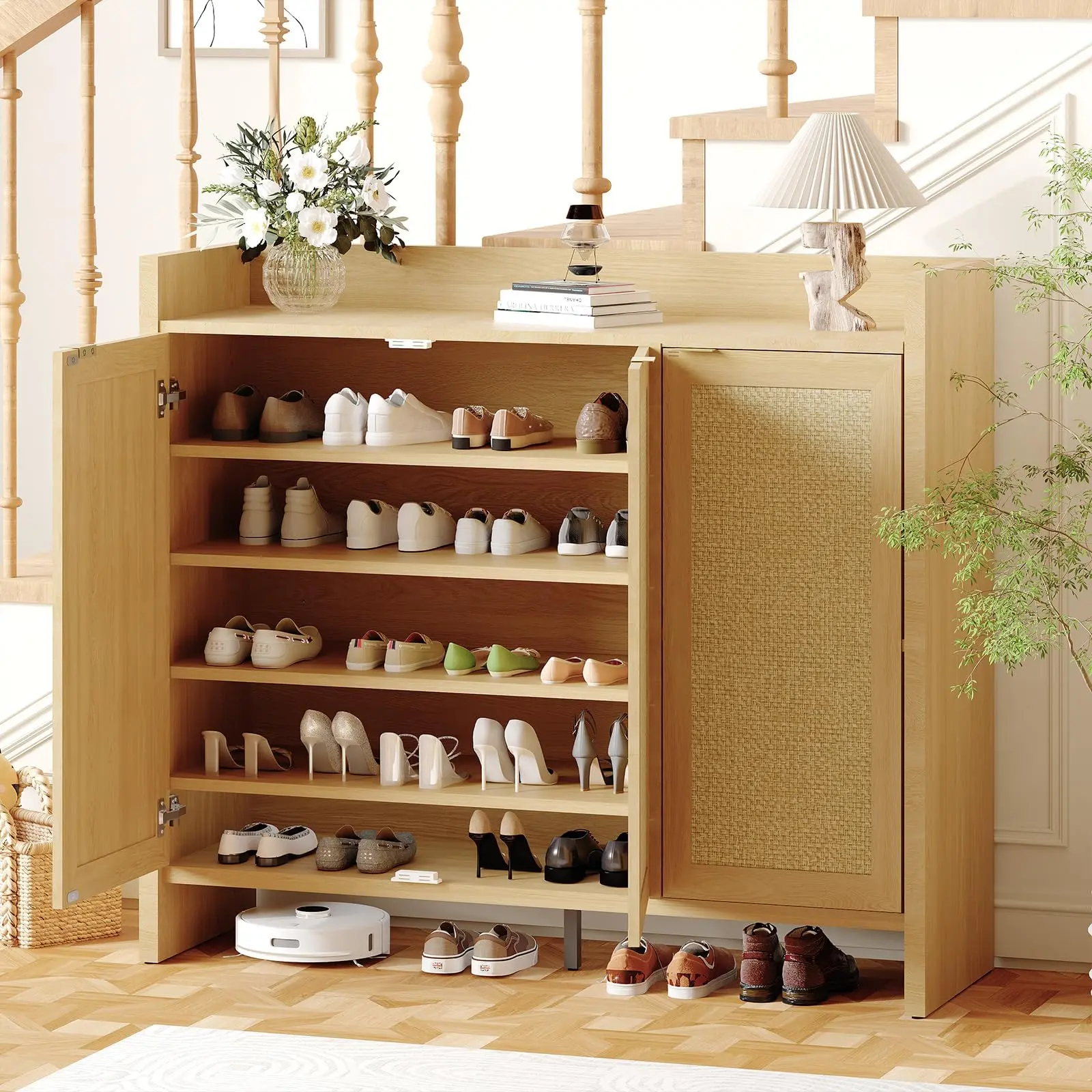 YJ-Garvee Boho Style Rattan Wooden Shoe Cabinet, 47in Sturdy Farmhouse Organizer with Rattan Doors, Adjustable Shelves, Light/Dark Oak Options, Open Bottom for Sneakers Storage, Dark Wooden Side Storage Hallway Furniture for Bedroom