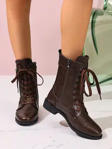 Women's Punk Style Combat Boots with Buckles and Side Zipper, Fashionable Trendy Design for Stylish