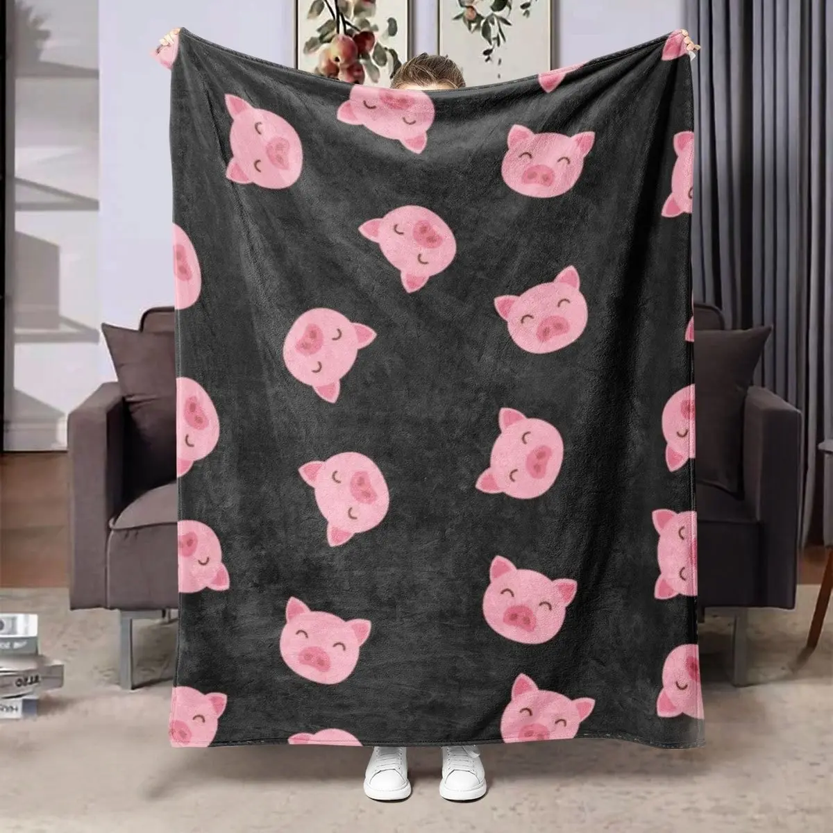 Pig Head Pattern Flannel Printed Blanket, Suitable for All Seasons, Soft Air Conditioning Cover Blanket, Sofa Blanket, Office Nap Home Decor, Outdoor Camping Blanket