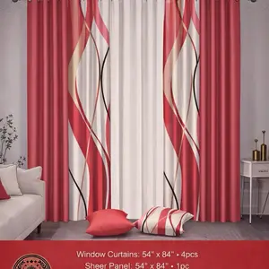 7 Window Curtains 54 x 84 4pcs Sheer Panel 54 x 84 1pc Red and White Abstract Design for Living Room