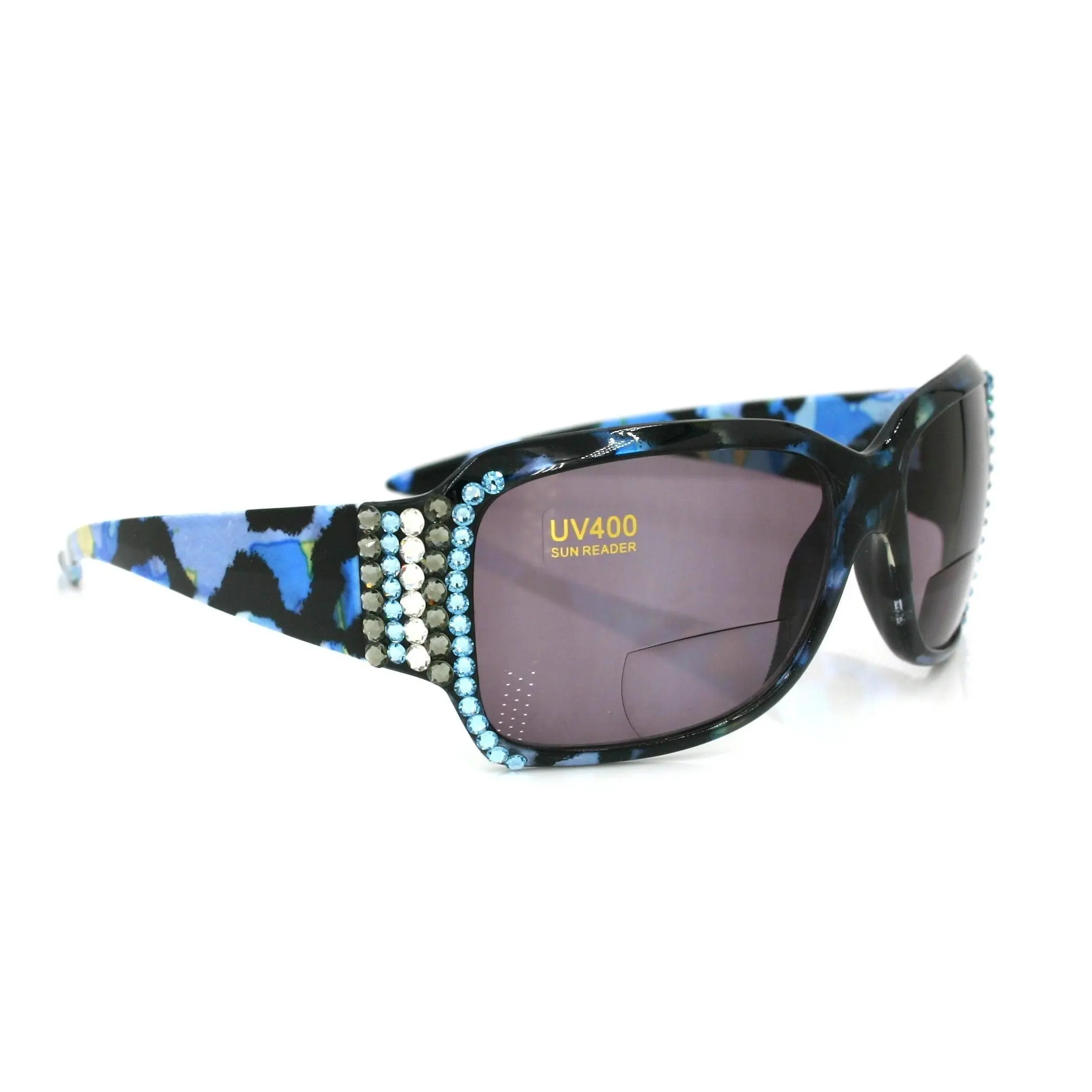 Lourdes, (Bling, Bifocal) Women Sun Reader W (Hematite, Aquamarine) Genuine European Crystals (Blue) Leopard Animal Print, NY Fifth Avenue