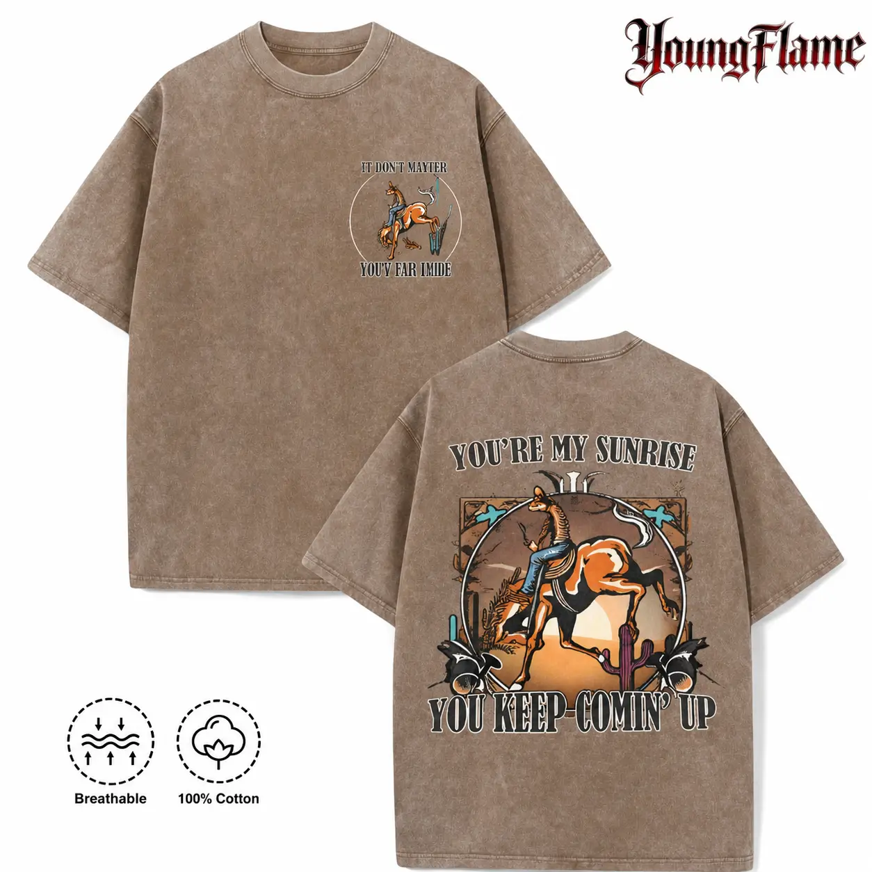 100% Cotton Bucking Bronco Desert Sunrise Graphic Tee Rodeo Aesthetic Streetwear Y2K Clothing Washed Brown Shirt acid wash clothes loose fit casual shirt