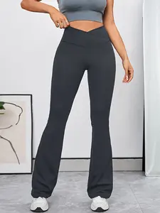 Women's Flare Leg Sports Tummy Control Leggings, Sport Bell Bottom Skinny Pants, Ladies Sportswear Bottoms for All Seasons, Crossover Flare Leggings