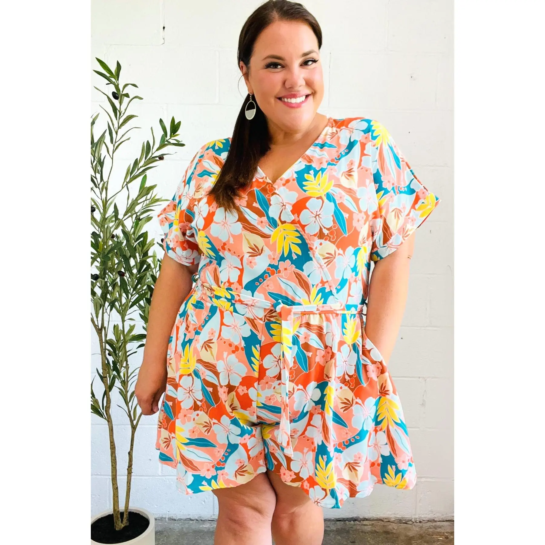 Tropical Trance Coral Tropical Floral Surplice Woven Romper