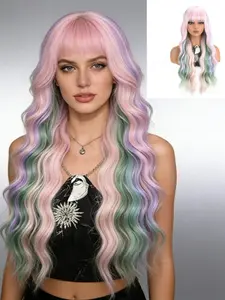 Rainbow-Colored Multi-Color Long Wavy Hair with Matching Bangs, Character Costume Wig, 28 Inches, Perfect for Cosplay & Halloween