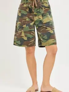 RISEN Camo Print Slouchy Jorts with Eyelet Drawstring