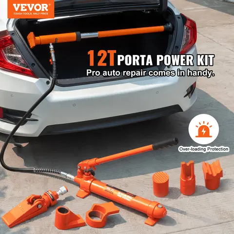 VEVOR 12-Ton Heavy Duty Porta Power Kit, Automotive Repair Tools with Leak-Proof TPU 12t Frame Repair Hydraulic Ram, 4.6 ft/1.4 m Oil Hose, 4 Extension Tubes, Portable Jack w/Storage Case for Garage, Construction Sites