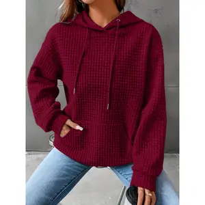 [Casual Waffle Grid Hoodie] Casual Long Sleeve Waffle Grid Kangaroo Pocket Hoodie - Drawstring Sweatshirt for Women Tops Red Collar Fabric Spandex Womenswear
