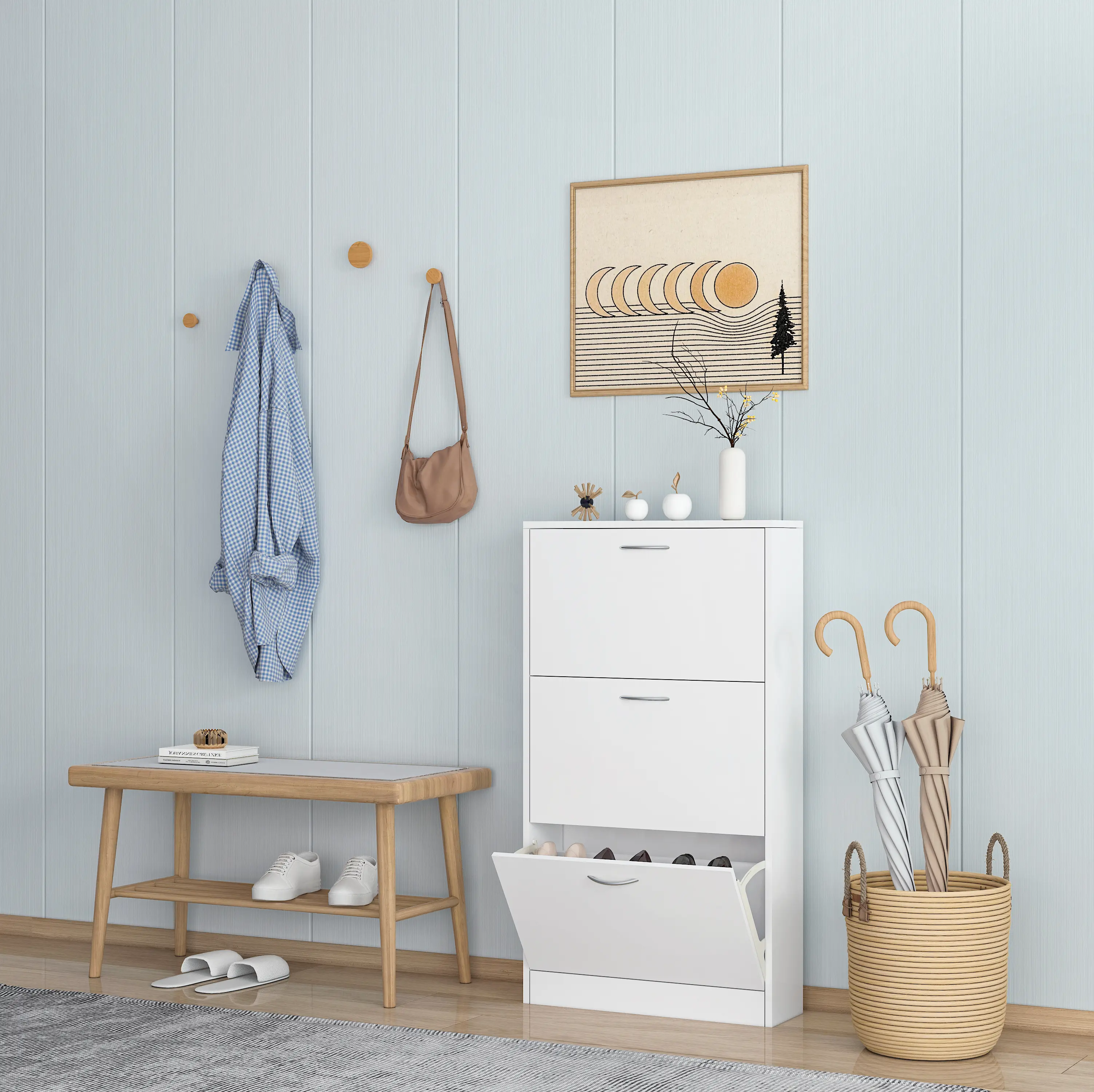Karl Home White Narrow Entryway Shoe Cabinet | Flip-Down 3-Tier Wood Shoe Organizer (Home & Apartment)
