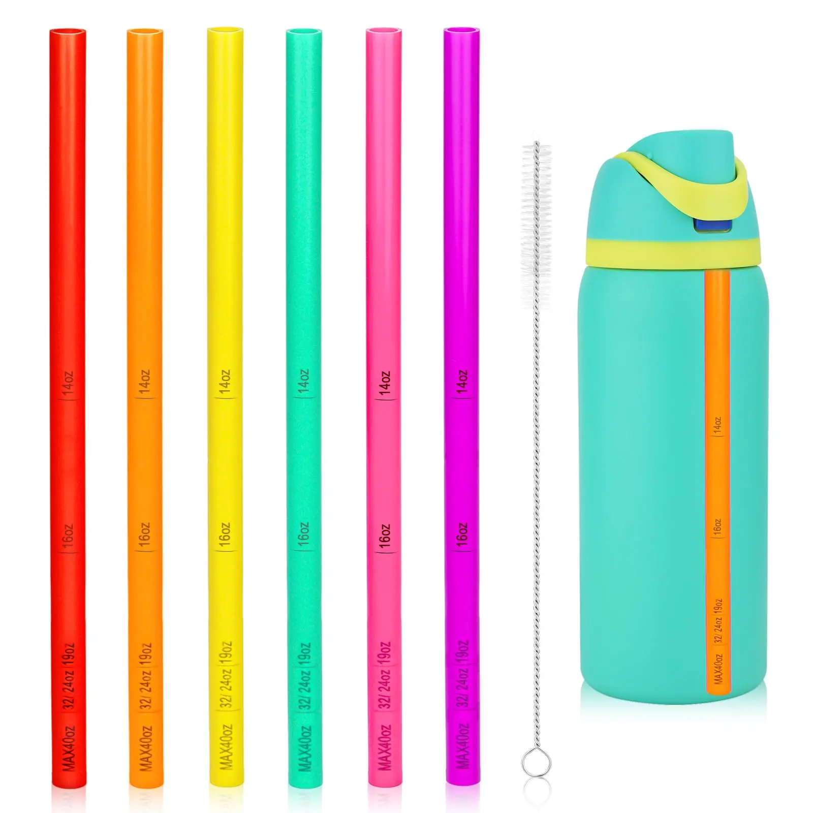 6pcs Straw Replacements for Owala Water Bottle 24 oz 32 oz, Cup Soft Plastic Straws with Brush Reusable Stainless Steel Tumbler Parts Accessories Straw with Scale for 14/16/19/24/32/40oz