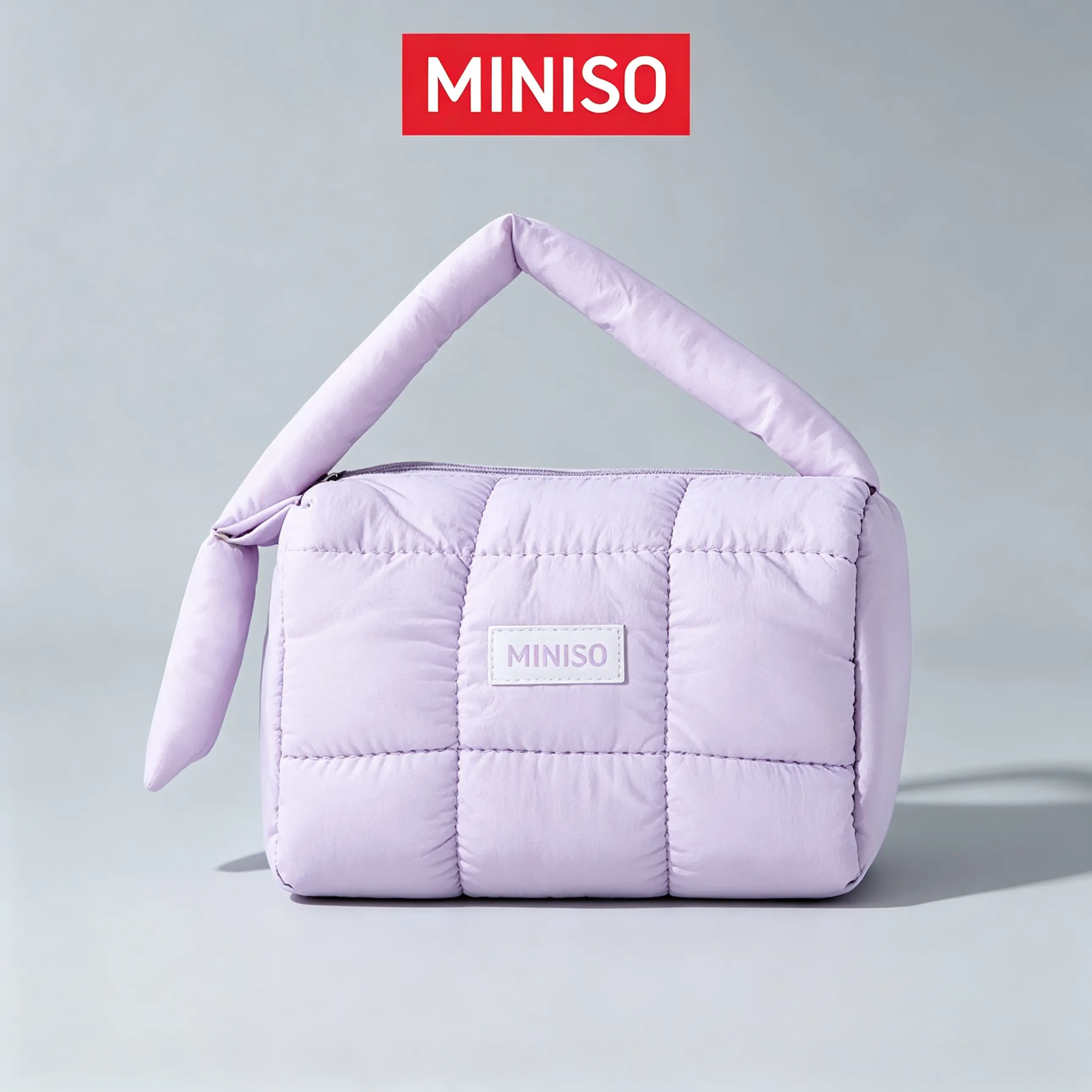 MINISO Puffy Quilted Cosmetic Bag, Large-Capacity Makeup Organizer with Soft Padded Handle, Storage Bag Pouch for Women (Pink/Purple)