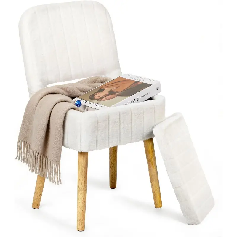 Modern Compact White Faux Leather Makeup Chair - Foldable Vanity Stool, Small Size, 4 Solid Wood Legs, Sturdy Design, Folding Back, Space-Saving Storage Footstool for Bedrooms, Home Offices