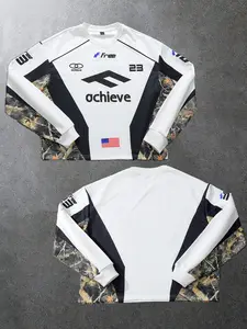 Vintage Y2K Motocross Long Sleeve Jersey - Camo Patchwork Biker Top | Achieve 23 Graphic with American Flag | Oversized Baggy Street Racing Shirt for Men's Skate & Streetwear Culture