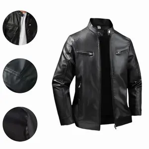 Men’s stand-collar motorcycle-style leather jacket, slim short fit for autumn, multiple zippered pockets, clean line cuts—versatile outerwear for everyday commuting and street wear.