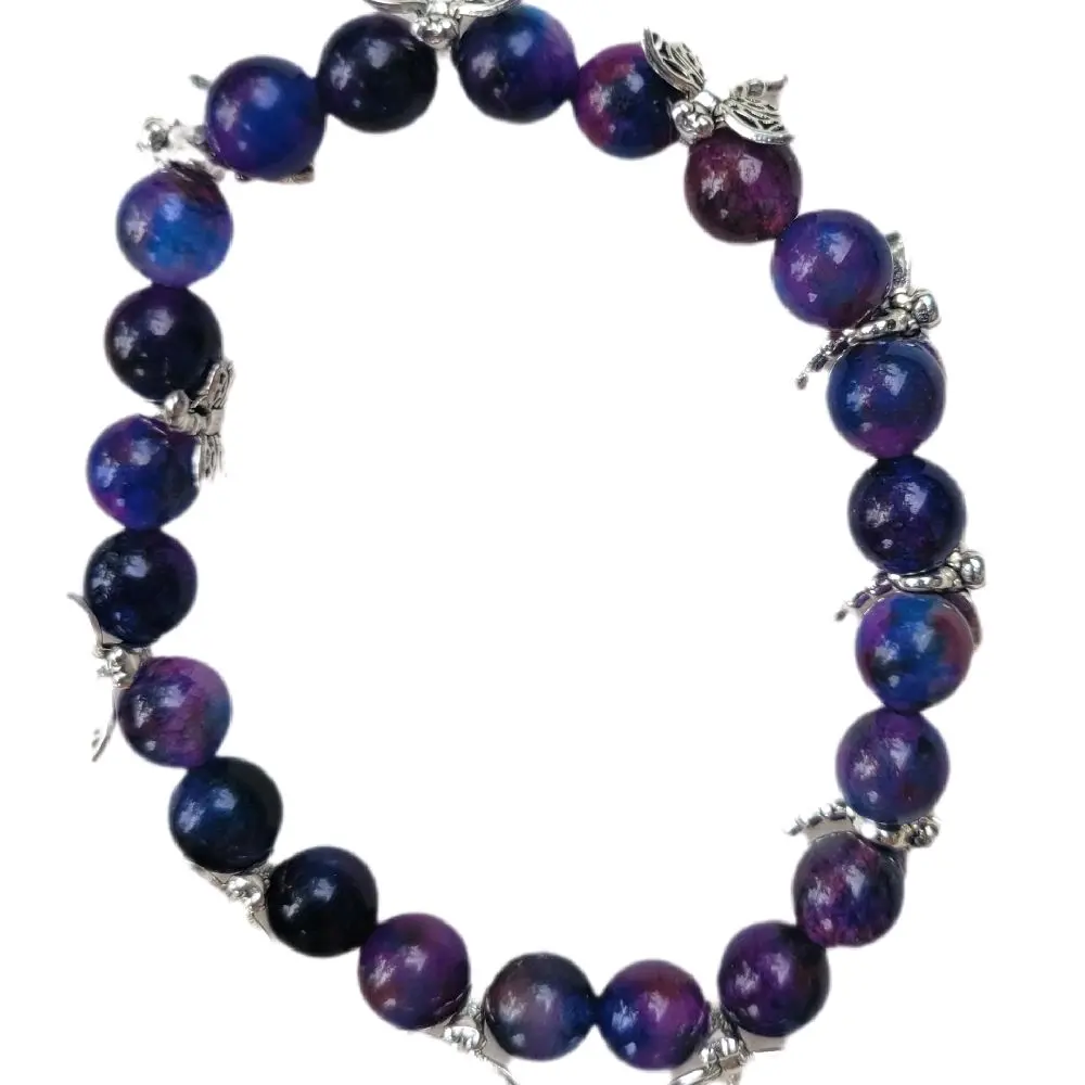 Natural Sugilite crystal and dragonfly spacer beaded bracelet hand crafted 7.5"