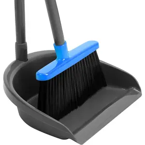 Broom and dustpan set, long-handled broom paired with a standing dustpan, suitable for indoor and outdoor floor cleaning in homes, kitchens, and offices